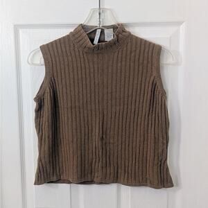 Via Seta Silk-Cashmere Ribbed Sleeveless Mock Neck Top – Brown – Size M